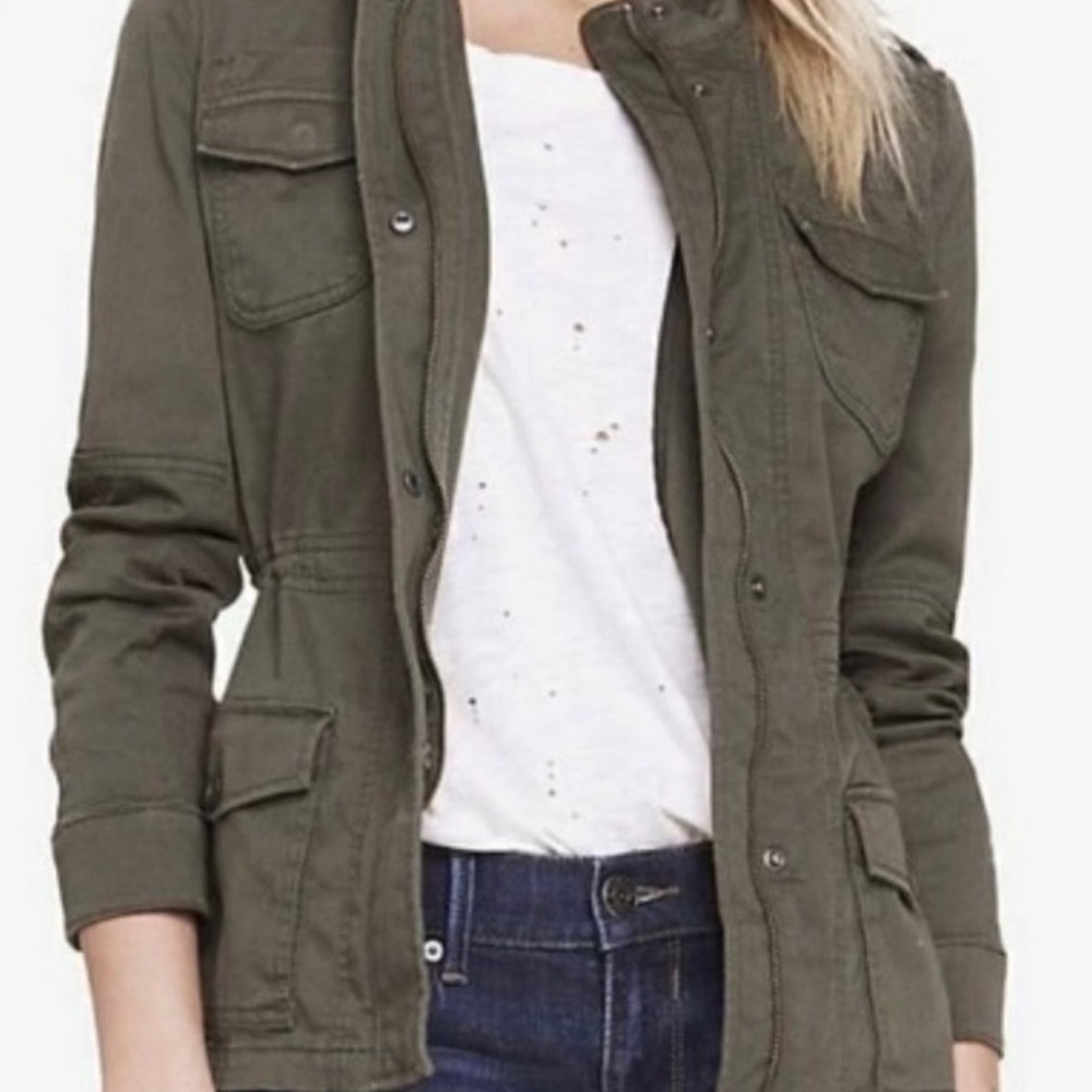 Express Utility Jacket Army Green Gather Waist Multi Pocket